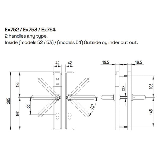 Salto XS4 One handle set EM752 double euro cylinder cut out, 72mm centres IP55