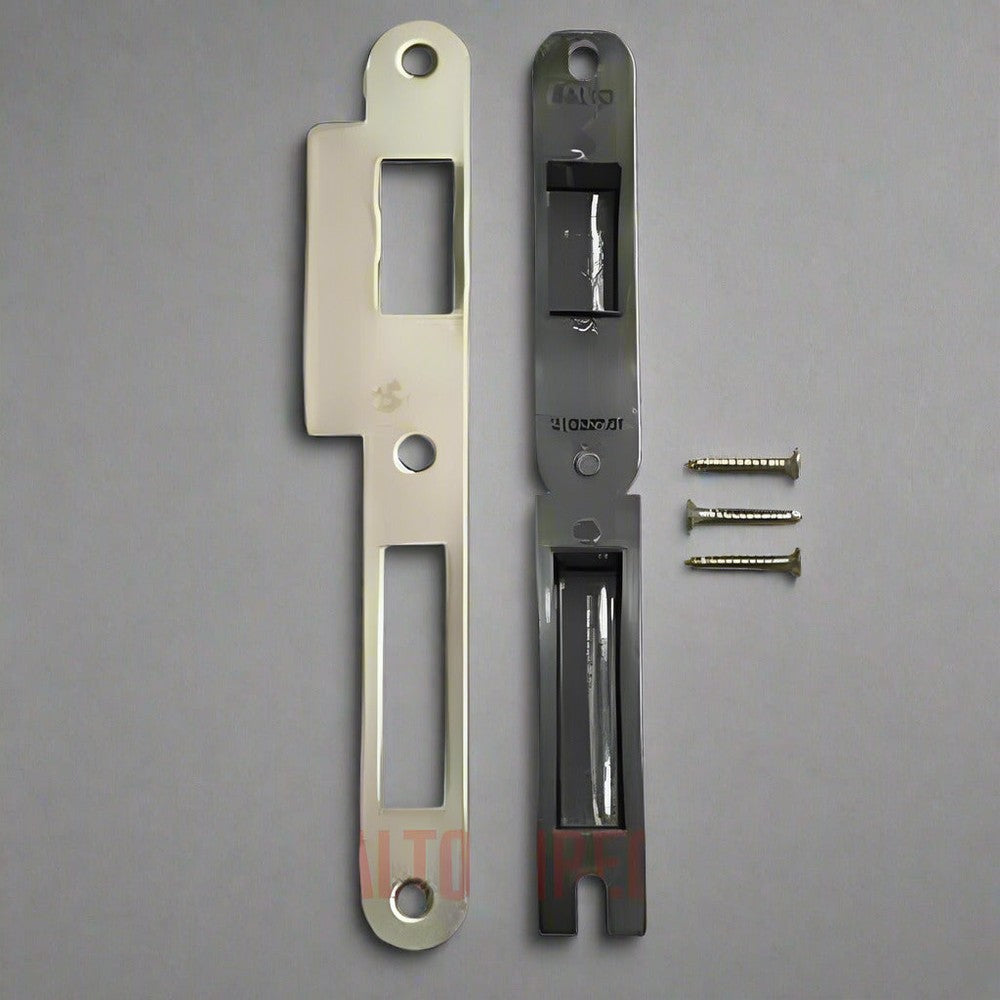Salto striking plate to suit LE8P12 & LE8P22 mortice sashlock, radius edge, 24mm lip