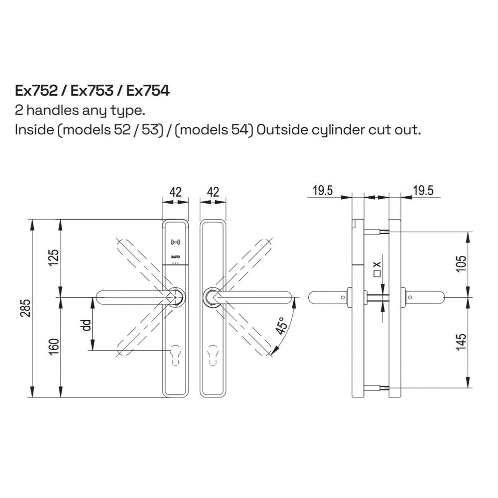 Salto XS4 One handle set EM752 double euro cylinder cut out, 85mm centres